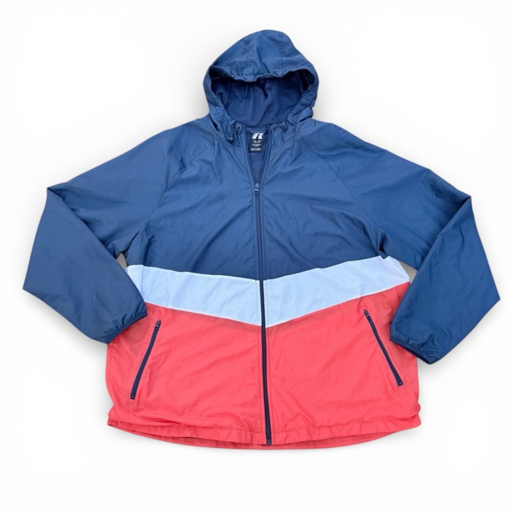 Russell Athletic Men's Full Zip Windbreaker Jacket Blue Orange White 2XL Retro